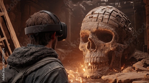 A person wearing a VR headset gazes at a large, ancient skull in a dimly lit environment filled with mystical elements.