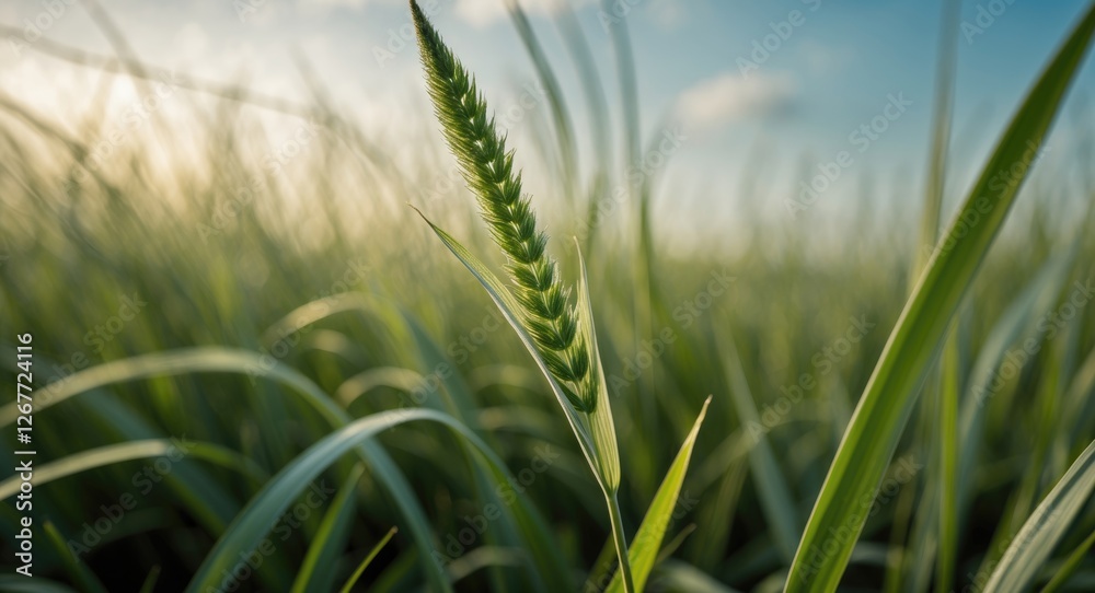 Close-up of a single green wheat ear in a field of wheat under soft afternoon light with blurred background andCopy Space Close-up of a single green wheat ear in a field of wheat under soft afternoon light with blurred background andCopy Space