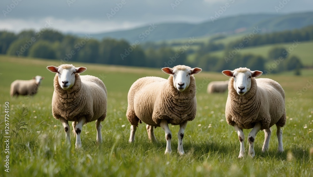 Fototapeta premium Three sheep standing on a green meadow with rolling hills in the background under a cloudy sky Copy Space