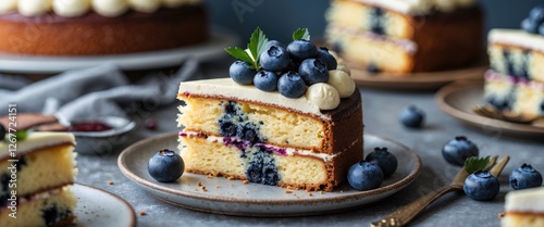 Blueberry layer cake with cream frosting and fresh blueberries, served on a plate with dessert fork, blurred background, Copy Space photo