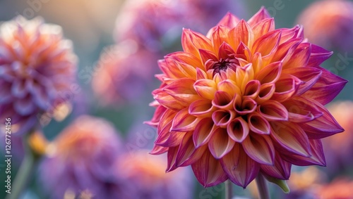 Vibrant close-up of a pink and orange dahlia flower with soft background bokeh and natural lighting Copy Space