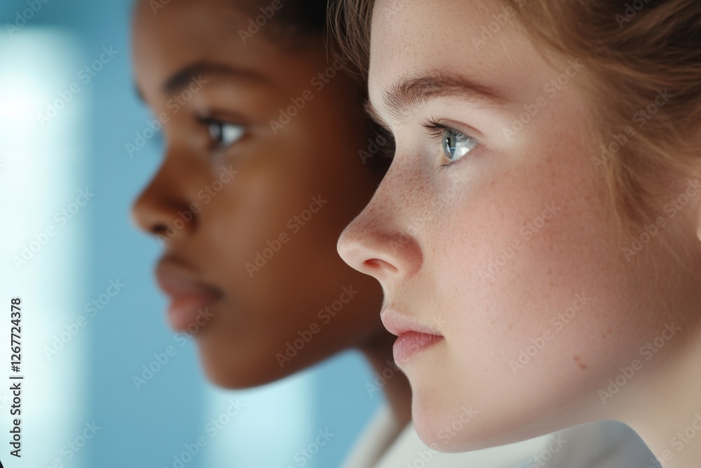 Profile view of two diverse young people. Profile view of two diverse young people.