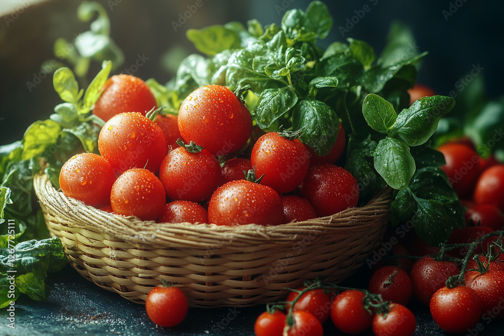 Freshly Picked Tomatoes and Basil in a Woven Basket Still Life Freshly Picked Tomatoes and Basil in a Woven Basket Still Life