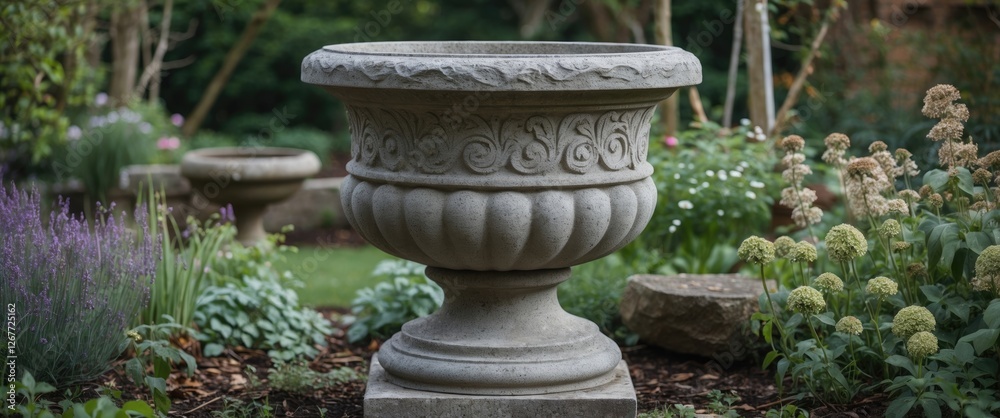Stone garden planter with ornate design surrounded by lush greenery and flowering plants in a landscaped garden setting Stone garden planter with ornate design surrounded by lush greenery and flowering plants in a landscaped garden setting