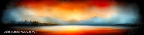 Serene Sunset Landscape Misty Mountains and Calm Lake at Dawn