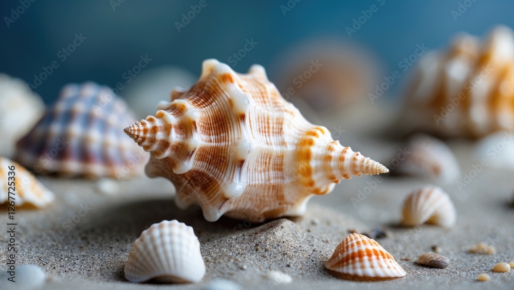 Close-up of various seashells on sandy beach with shallow depth of field highlighting texture and colors Copy Space Close-up of various seashells on sandy beach with shallow depth of field highlighting texture and colors Copy Space