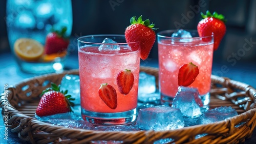 Refreshing strawberry drinks in glass with ice on a woven tray surrounded by fresh strawberries and blue background with Copy Space photo