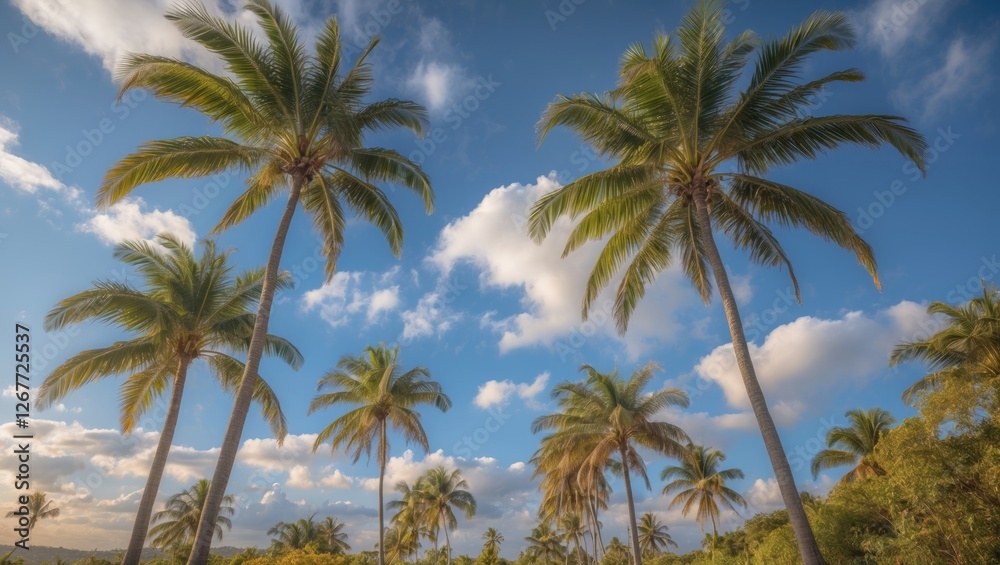 Tall palm trees against a bright blue sky with clouds and natural greenery in the foreground Copy Space Tall palm trees against a bright blue sky with clouds and natural greenery in the foreground Copy Space