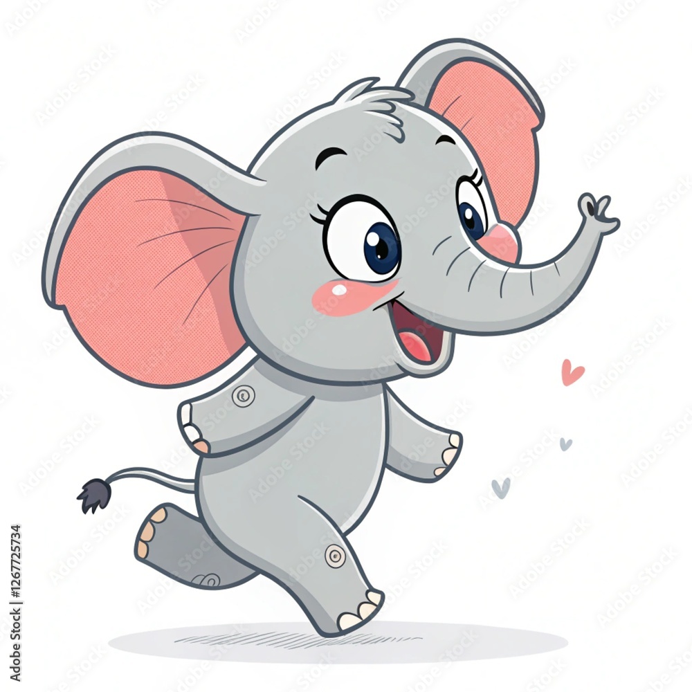 Fototapeta premium Happy baby elephant running, white background, hearts, children's illustration