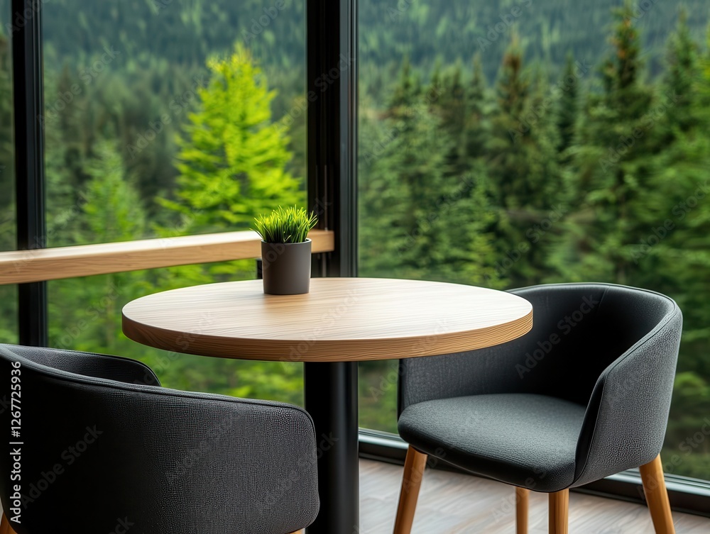 Fototapeta premium Mountain lodgestyle twostory cafe with panoramic forest views, wooden textures, and warm cozy seating