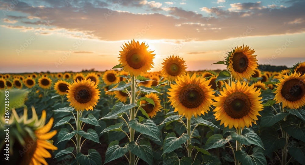 Fototapeta premium Field of sunflowers under sunset sky with vibrant colors and warm light natural landscape background Copy Space