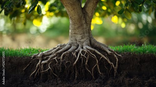 Intricate network of tree roots firmly entrenched in the earth a powerful symbol of nature's hidden strength and interconnectedness revealing the beauty and complexity beneath the surface photo