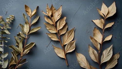 Dried leaves arrangement on blue background with natural textures and colors Copy Space photo