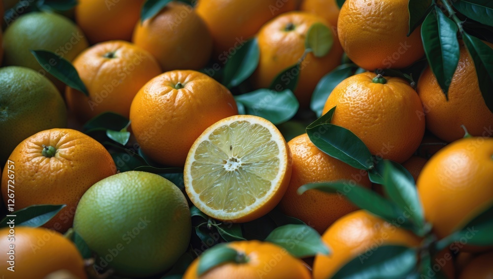 Fresh citrus fruits arranged with green leaves featuring whole oranges and a sliced lemon in the center with Copy Space Fresh citrus fruits arranged with green leaves featuring whole oranges and a sliced lemon in the center with Copy Space