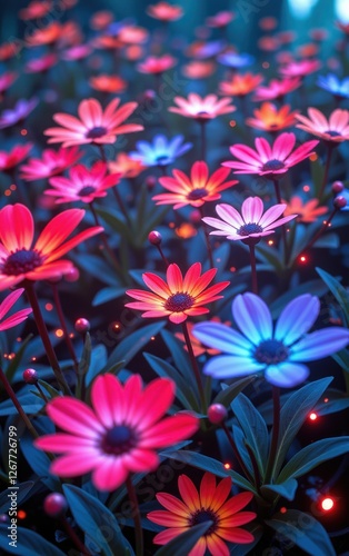 A stunning close-up of vibrant, glowing flowers in full bloom, illuminated with soft golden light. 