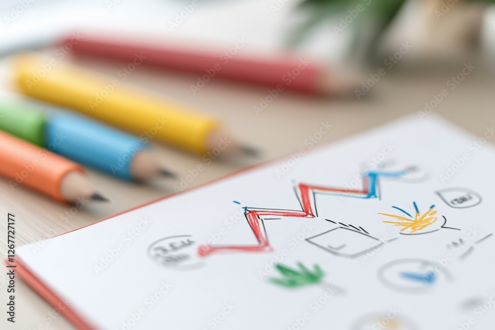 colorful pencils and business doodles on a notepad colorful pencils and business doodles on a notepad