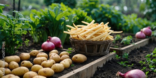 Freshly harvested potatoes alongside basket of fries in well-maintained vegetable garden with green foliage and red onions in soil