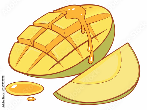 A colorful illustration of a ripe mango cut into wedges, showcasing its juicy texture.