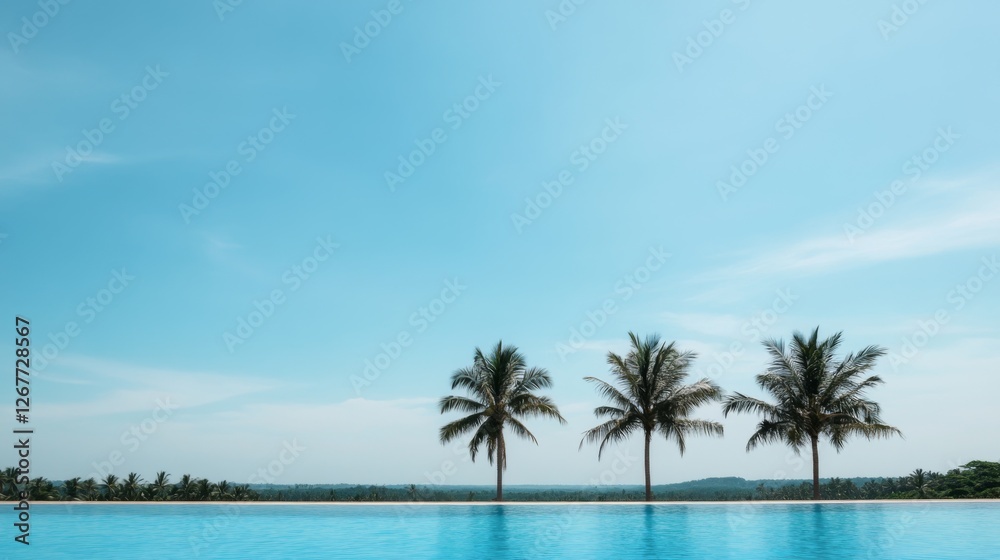 Tropical pool, palm trees, clear sky, resort Tropical pool, palm trees, clear sky, resort