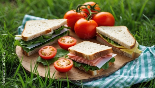 Fresh sandwiches with lettuce, ham, and cheese on a wooden board surrounded by ripe tomatoes on green grass with copy space photo