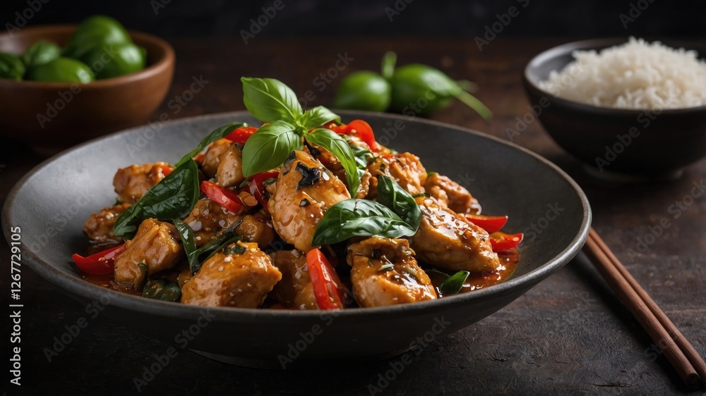 Stir-fried chicken with basil and vegetables served in a black bowl with rice and green limes on a rustic table Copy Space