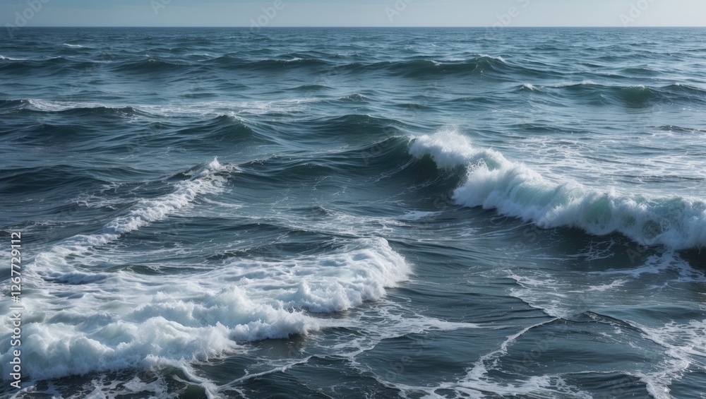 Fototapeta premium Waves crashing on the shoreline in a calm ocean landscape with rippling water under a clear sky featuring Copy Space
