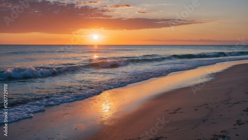 Wallpaper Mural Sunset over calm ocean waves with sandy beach reflecting warm colors of the sky and water natural landscape Copy Space Torontodigital.ca