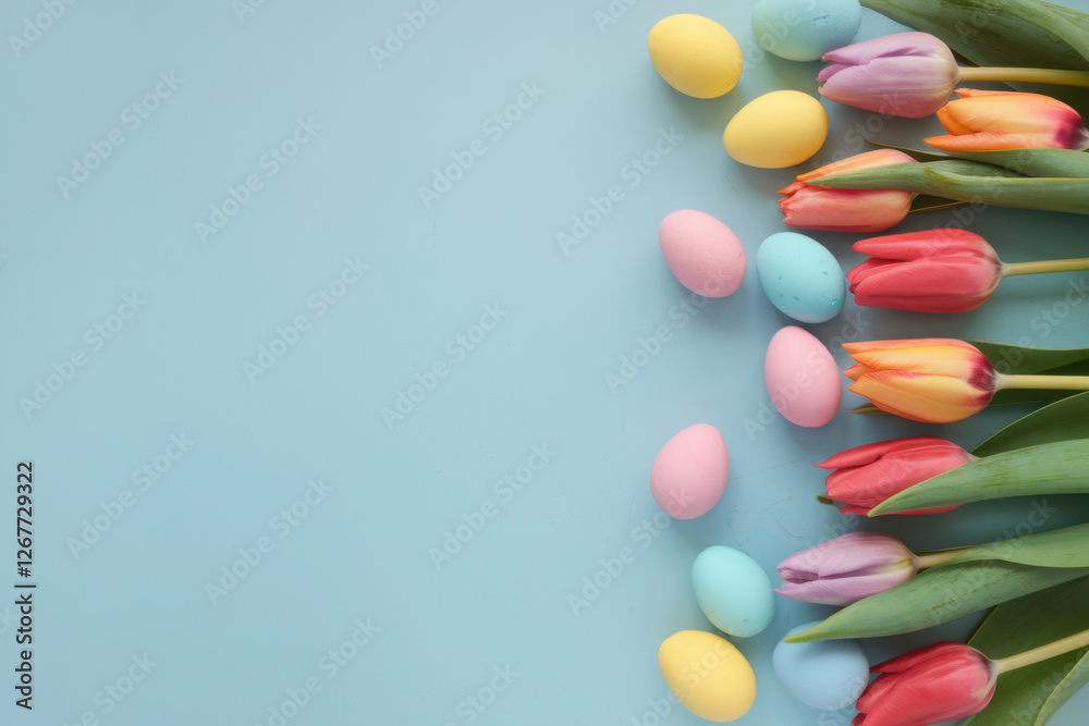 Obraz premium Easter background. Colorful spring tulips with butterflies and painted eggs