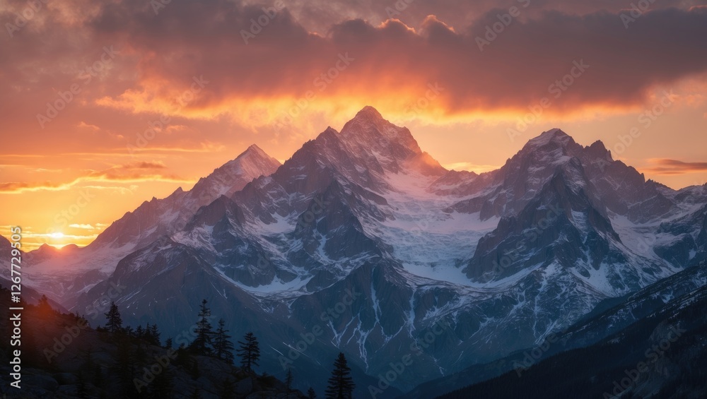 Majestic mountain peaks illuminated by sunset with colorful clouds and silhouette of trees in foreground indicating natural beauty and wilderness