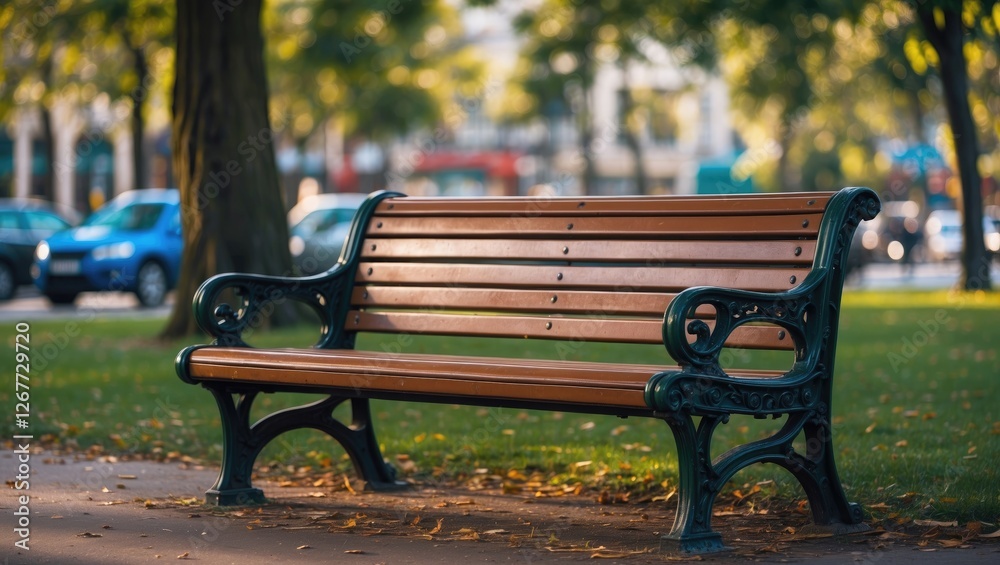 Park bench in a serene outdoor setting surrounded by trees and soft sunlight with blurred background vehicles Copy Space Park bench in a serene outdoor setting surrounded by trees and soft sunlight with blurred background vehicles Copy Space