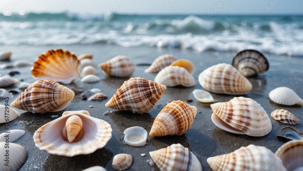 Seashells on sandy beach with gentle waves in background, natural marine environment, textured shells, Copy Space available Seashells on sandy beach with gentle waves in background, natural marine environment, textured shells, Copy Space available