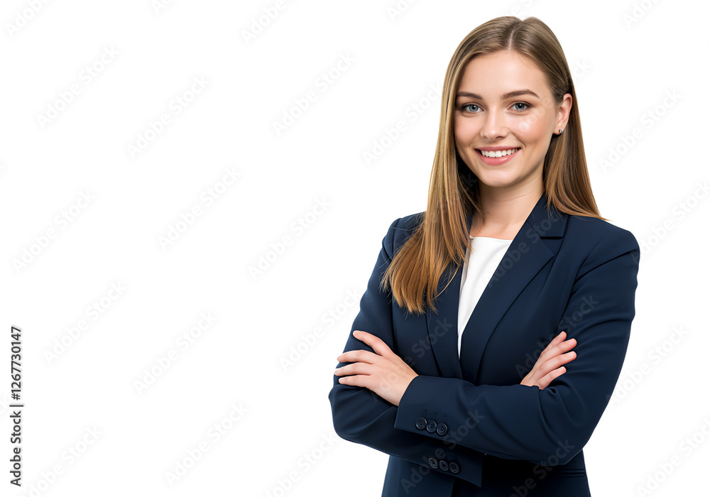 Portrait of young happy woman looks in camera, isolated
