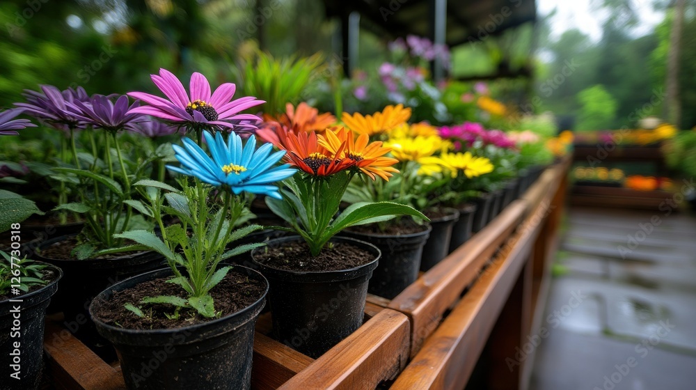 Colorful flowers in pots, garden center display, lush background Colorful flowers in pots, garden center display, lush background