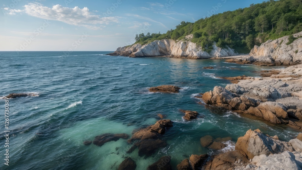 Fototapeta premium Scenic coastal landscape with rocky shoreline waves crashing against cliffs and lush greenery under clear sky Copy Space