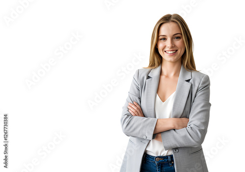 Portrait of young happy woman looks in camera, isolated