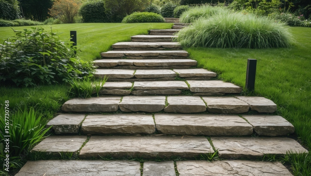 Fototapeta premium Stone pathway in a lush green garden with ornamental grasses and well-maintained lawn Copy Space