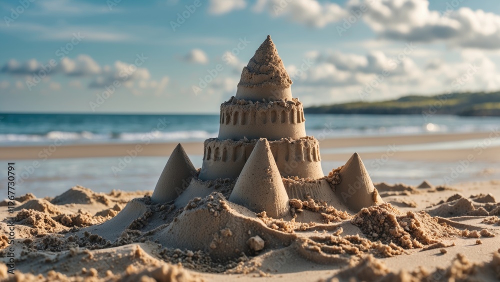 Sandcastle on beach with ocean in background and cloudy sky, detailed texture of sand, summer scene, Copy Space Sandcastle on beach with ocean in background and cloudy sky, detailed texture of sand, summer scene, Copy Space