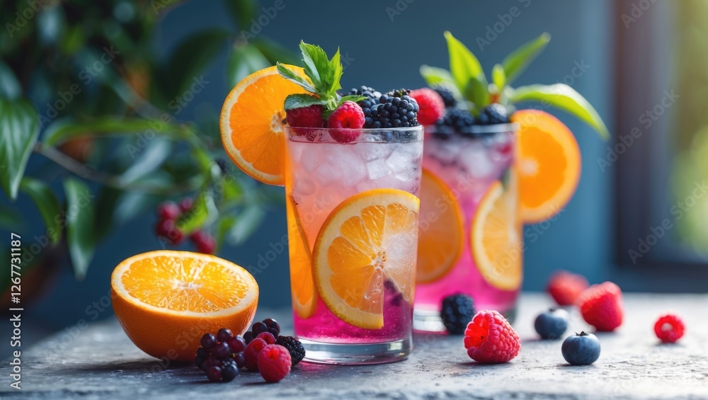 Fototapeta premium Fresh fruity drinks with orange slices mint leaves and mixed berries on a table with copy space for text