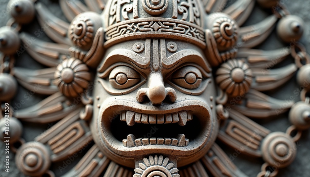 Fototapeta premium Ornate Olmec rain god carving with detailed and divine representation against textured background