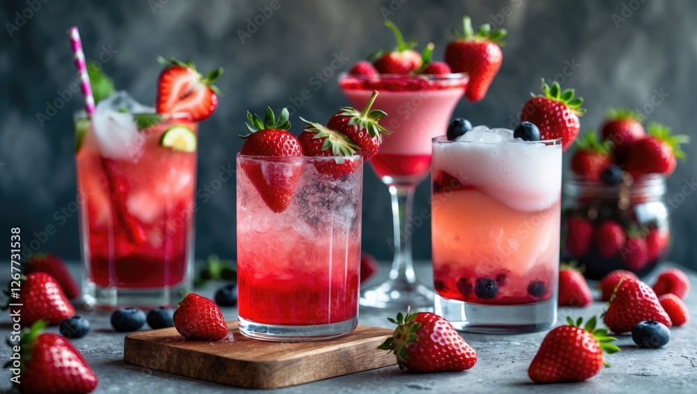 Colorful summer drinks with strawberries and blueberries on a gray background with fresh berries scattered around Copy Space Colorful summer drinks with strawberries and blueberries on a gray background with fresh berries scattered around Copy Space