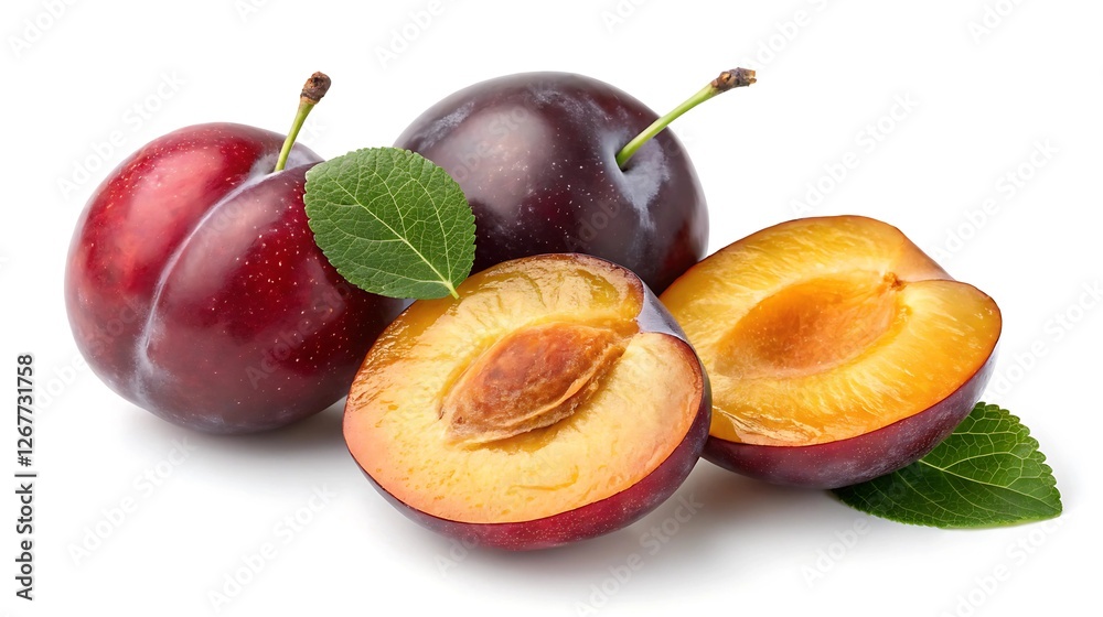 Fresh plums with green leaves on white background Fresh plums with green leaves on white background