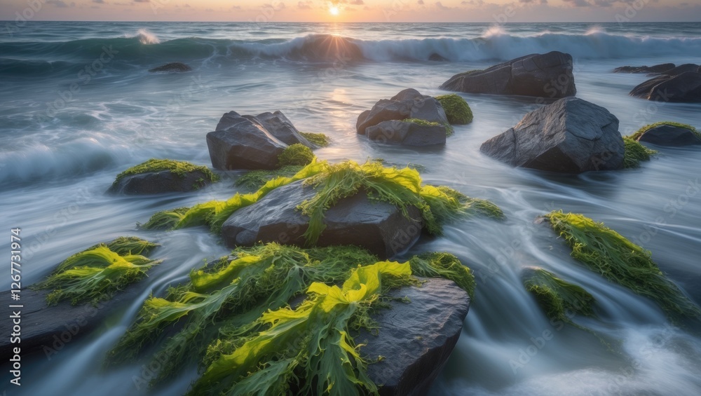 Sunset over rocky shoreline with seaweed and waves creating a dynamic seascape Copy Space Sunset over rocky shoreline with seaweed and waves creating a dynamic seascape Copy Space
