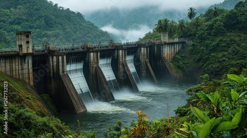 Scenic hydroelectric dam amidst lush green vegetation cascading water and misty mountains creating a picturesque blend of power and nature