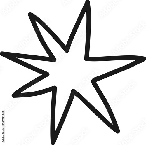 Hand drawn eight pointed star, featuring a simple and elegant design, stands out against a white background, adding a whimsical touch to various creative projects and designs