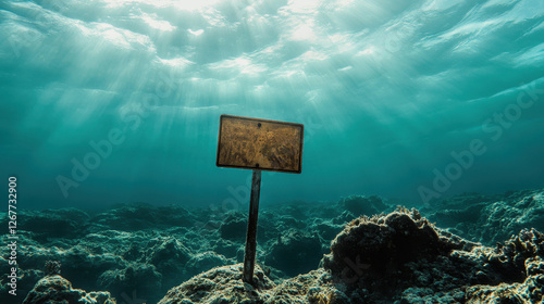 Underwater landscape featuring a weathered sign post amid a vibrant coral reef illuminated by sunbeams penetrating the ocean surface creating a surreal and tranquil scene