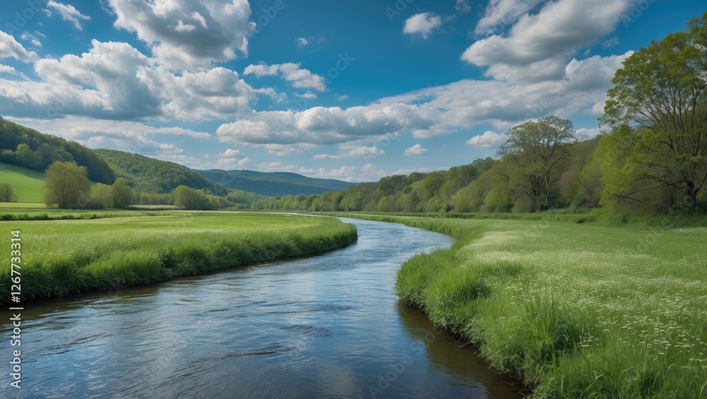 Serene river landscape with green meadows and lush trees under a blue sky with clouds, nature scenery peaceful atmosphere, Copy Space Serene river landscape with green meadows and lush trees under a blue sky with clouds, nature scenery peaceful atmosphere, Copy Space