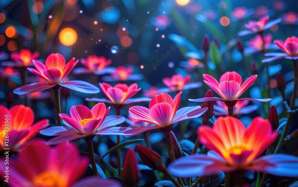 Fototapeta premium A stunning close-up of vibrant, glowing flowers in full bloom, illuminated with soft golden light. 