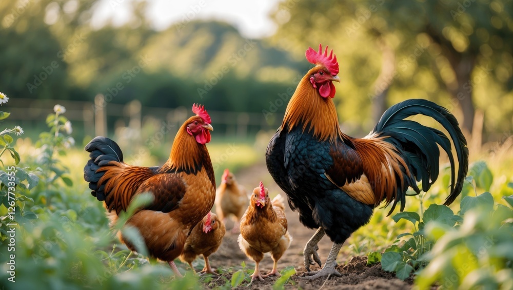 Fototapeta premium Rooster and hens foraging in a garden setting with natural lighting and blurred background suitable for text placement Copy Space