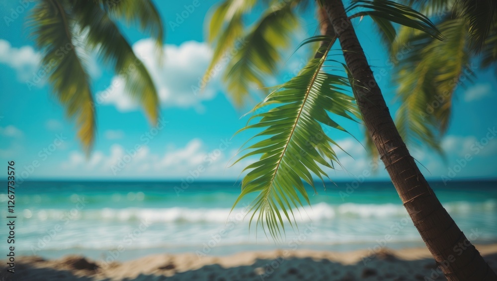 Fototapeta premium Tropical beach scene with palm leaves in foreground and blue ocean under sunny sky with clouds, Copy Space