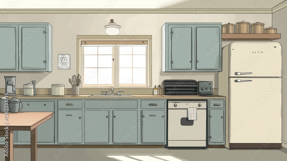 Fototapeta premium Pastel kitchen interior, light streaming through window, home, background